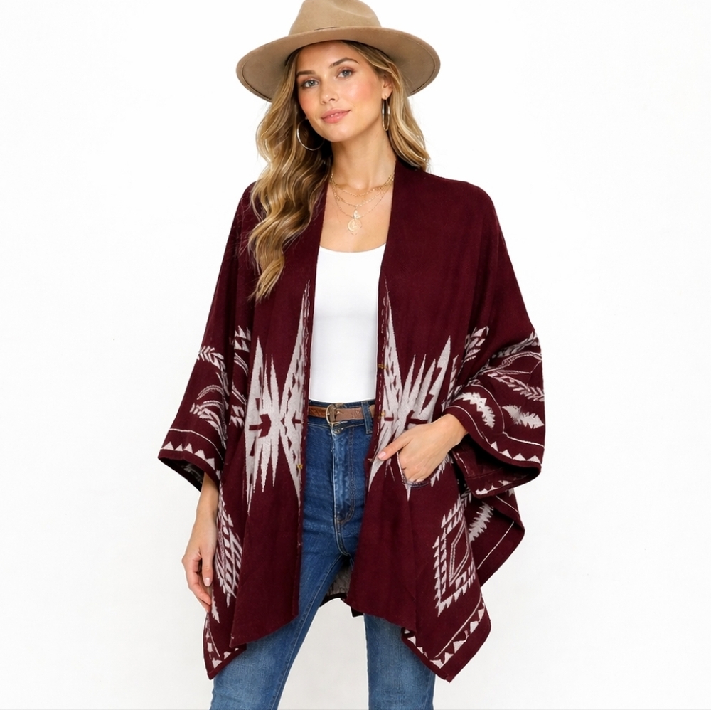 Charlotte Russe Aztec Blanket Open Front Cape Maroon White OS fits Most